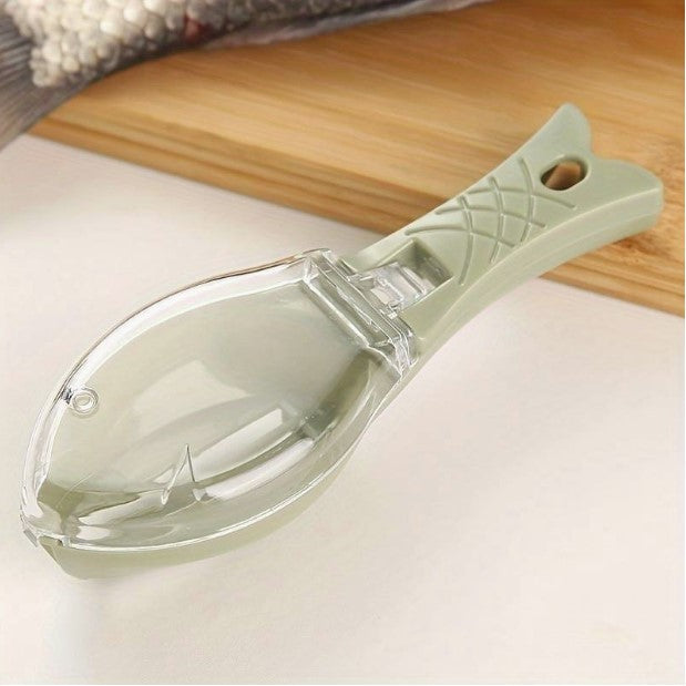 Curatator Manual Solzi de Peste, Flippy, Forma Peste , Recipient cu Capcac pentru Solzi, Plastic, Verde deschis, 16x6 cm-2