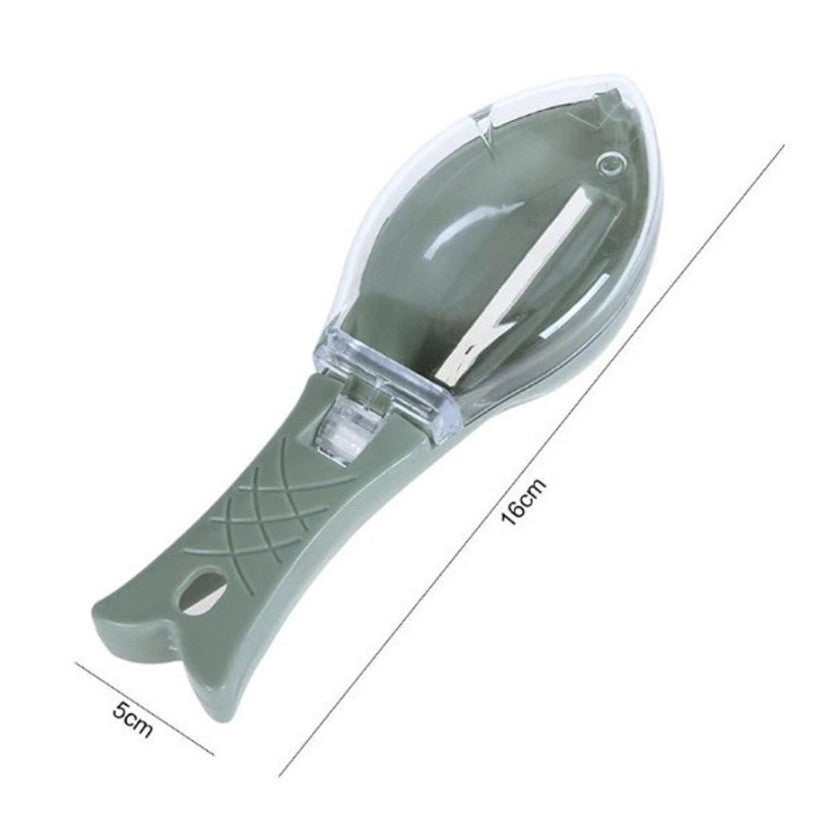 Curatator Manual Solzi de Peste, Flippy, Forma Peste , Recipient cu Capcac pentru Solzi, Plastic, Verde deschis, 16x6 cm-3