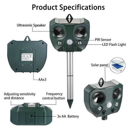 Aparat Solar LED cu Ultrasunete Animal Repellent, Flippy, Lumina Rosie si Alba, Anti rozatoare, Anti sobolani, Anti insecte, Verde-0