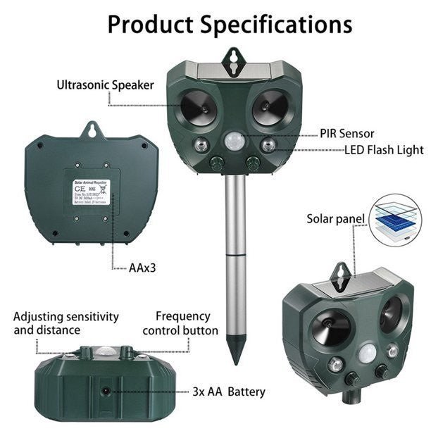 Aparat Solar LED cu Ultrasunete Animal Repellent, Flippy, Lumina Rosie si Alba, Anti rozatoare, Anti sobolani, Anti insecte, Verde-0