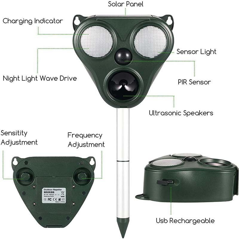 Aparat Solar LED cu Ultrasunete Animal Repellent, Flippy, Lumina Rosie si Alba, Anti rozatoare, Anti sobolani, Anti insecte, Frecventa 13.5KHZ-65KHZ, Putere 0.5W, Voltaj 5V, Verde-0