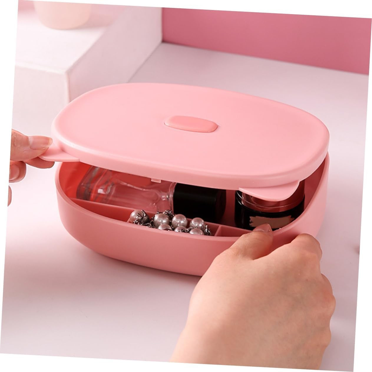 Cutie Organizatoare cu Oglinda, Flippy, 4 Compartimente, pentru Cosmetice si Accesorii, din ABS, 17x13x6 cm, Roz-5