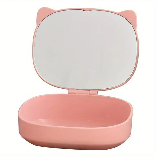 Cutie Organizatoare cu Oglinda, Flippy, 4 Compartimente, pentru Cosmetice si Accesorii, din ABS, 17x13x6 cm, Roz-0