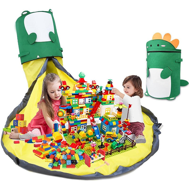 Cutie de Depozitare 2In1, Flippy, Impermeabila, Covor pentru Jucarii si Lego 150cm, Capacitate Mare, cu Manere, cu Sfori, Inaltime 40cm, Model Dinozaur, Verde-3