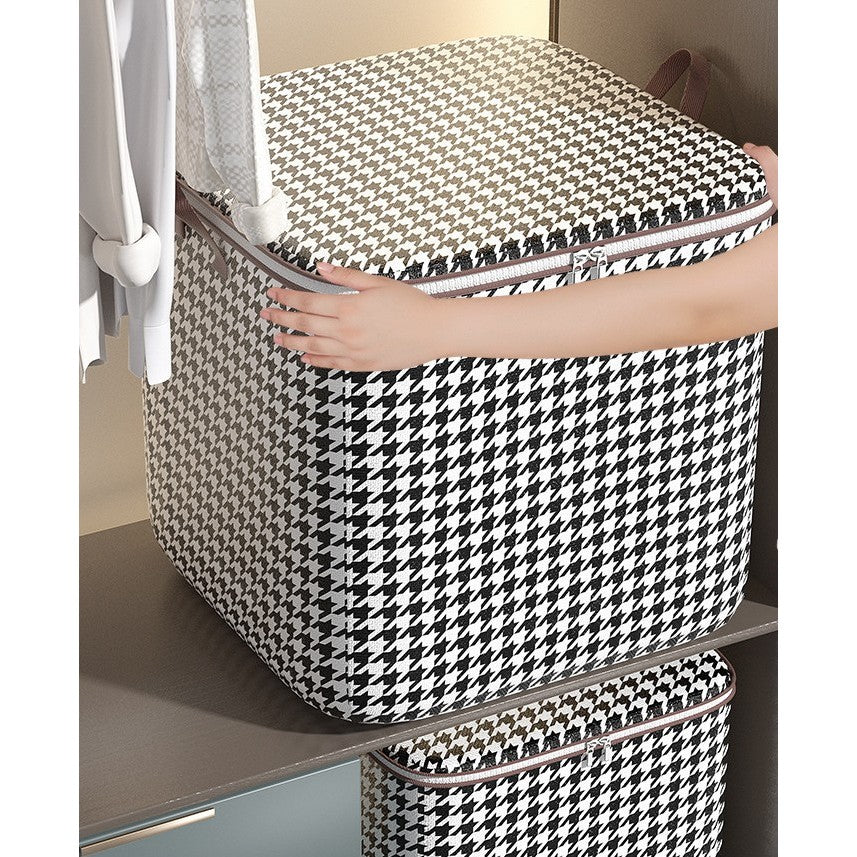 Cutie de Depozitare cu Fermoar, Flippy, Pliabila, Maner Ranforsat, Fermoar Rezistent, pentru Haine, Paturi, Plapumi, Perne, Lenjerii de Pat, Jucarii, 80 Litri, in Carouri, Alb-Negru-3