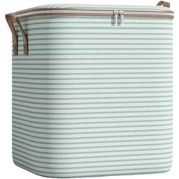 Cutie de Depozitare cu Fermoar, Flippy, Pliabila, Maner Ranforsat, Fermoar Rezistent, pentru Haine, Paturi, Plapume, Perne, Lenjerii de Pat, Jucarii, 56x45x56 cm, 150 Litri, in Dungi, Verde-0