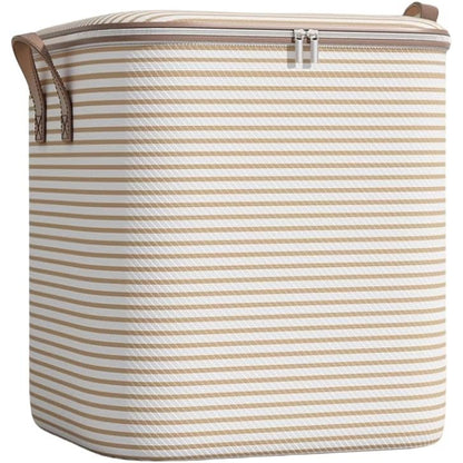 Cutie de Depozitare cu Fermoar, Flippy, Pliabila, Maner Ranforsat, Fermoar Rezistent, pentru Haine, Paturi, Plapume, Perne, Lenjerii de Pat, Jucarii, 56x45x56 cm, 150 Litri, in Dungi, Bej-0
