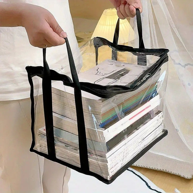 Cutie de Depozitare, Flippy, din PVC + Textil, Rezistenta la Apa, Geanta pentru Carti, 32x24x25 cm, Transparent-Negru-3
