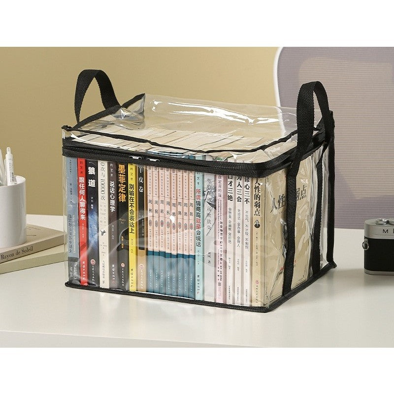 Cutie de Depozitare, Flippy, din PVC + Textil, Rezistenta la Apa, Geanta pentru Carti, 32x24x25 cm, Transparent-Negru-5