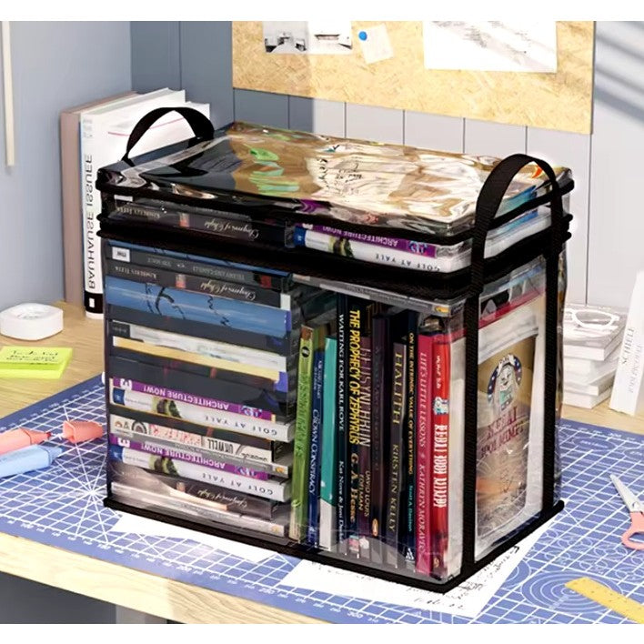 Cutie de Depozitare, Flippy, din PVC + Textil, Rezistenta la Apa, Geanta pentru Carti, 23x17x28 cm, Transparent-Negru-1