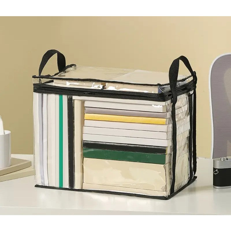 Cutie de Depozitare, Flippy, din PVC + Textil, Rezistenta la Apa, Geanta pentru Carti, 38x24x32 cm, Transparent-Negru-2