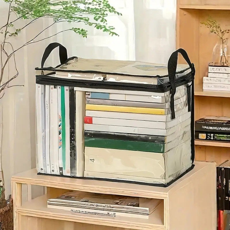 Cutie de Depozitare, Flippy, din PVC + Textil, Rezistenta la Apa, Geanta pentru Carti, 38x24x32 cm, Transparent-Negru-5