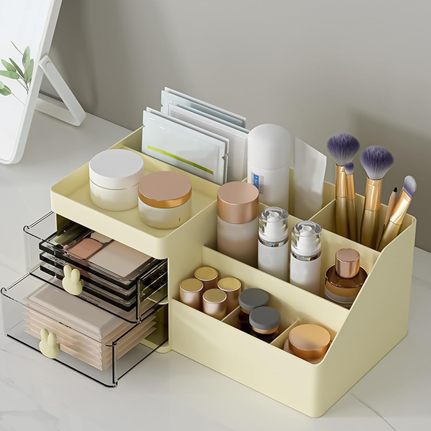 Cutie de Depozitare pentru Birou, Flippy, Pentru Makeup, Papetarie, Organizator Cosmetice, 2 Sertare si Compartimente Multiple, Model Iepuras, Plastic, 27.5x15.5x12 cm, Crem-2