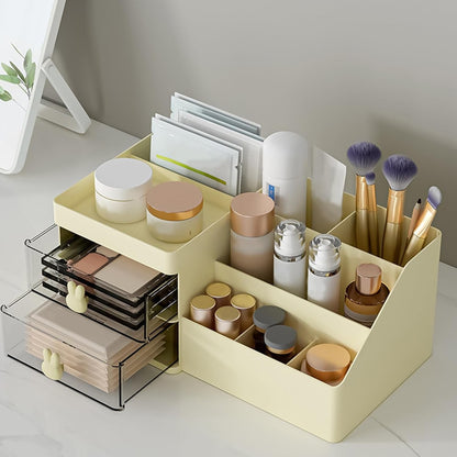 Cutie de Depozitare pentru Birou, Flippy, Pentru Makeup, Papetarie, Organizator Cosmetice, 2 Sertare si Compartimente Multiple, Model Iepuras, Plastic, 27.5x15.5x12 cm, Crem-2