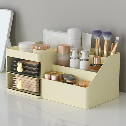 Cutie de Depozitare pentru Birou, Flippy, Pentru Makeup, Papetarie, Organizator Cosmetice, 2 Sertare si Compartimente Multiple, Model Iepuras, Plastic, 27.5x15.5x12 cm, Crem-3