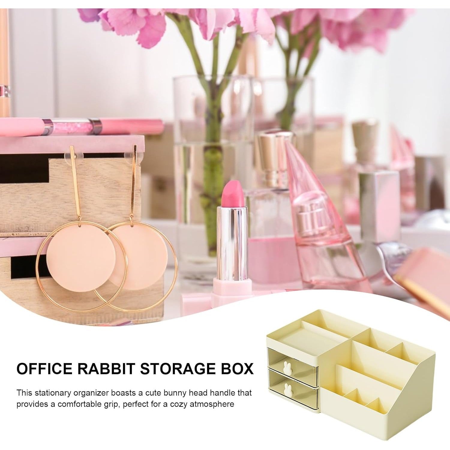 Cutie de Depozitare pentru Birou, Flippy, Pentru Makeup, Papetarie, Organizator Cosmetice, 2 Sertare si Compartimente Multiple, Model Iepuras, Plastic, 27.5x15.5x12 cm, Crem-4