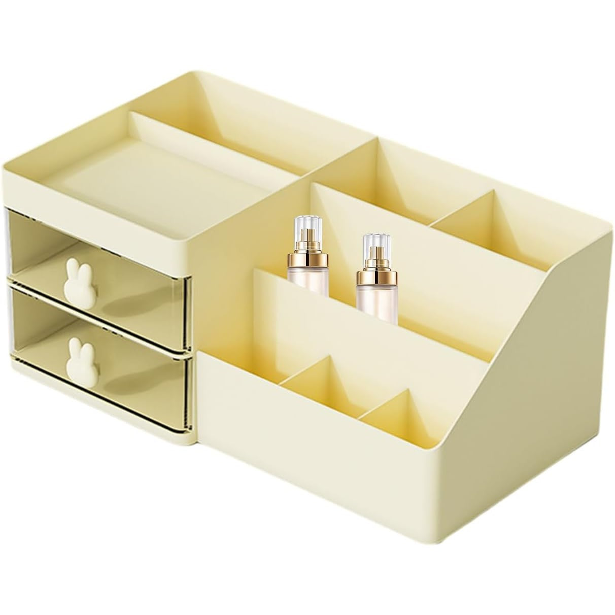 Cutie de Depozitare pentru Birou, Flippy, Pentru Makeup, Papetarie, Organizator Cosmetice, 2 Sertare si Compartimente Multiple, Model Iepuras, Plastic, 27.5x15.5x12 cm, Crem-5