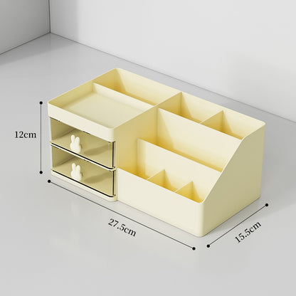 Cutie de Depozitare pentru Birou, Flippy, Pentru Makeup, Papetarie, Organizator Cosmetice, 2 Sertare si Compartimente Multiple, Model Iepuras, Plastic, 27.5x15.5x12 cm, Crem-6