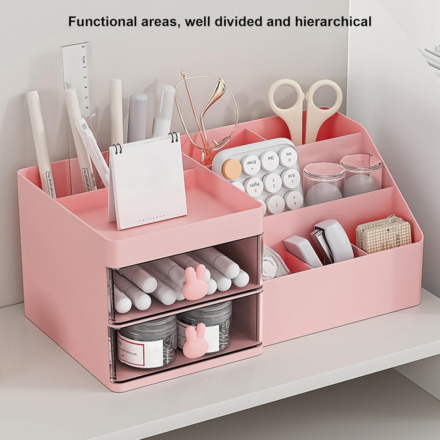Cutie de Depozitare pentru Birou, Flippy, Pentru Makeup, Papetarie, Organizator Cosmetice, 2 Sertare si Compartimente Multiple, Model Iepuras, Plastic, 27.5x15.5x12 cm, Roz-2
