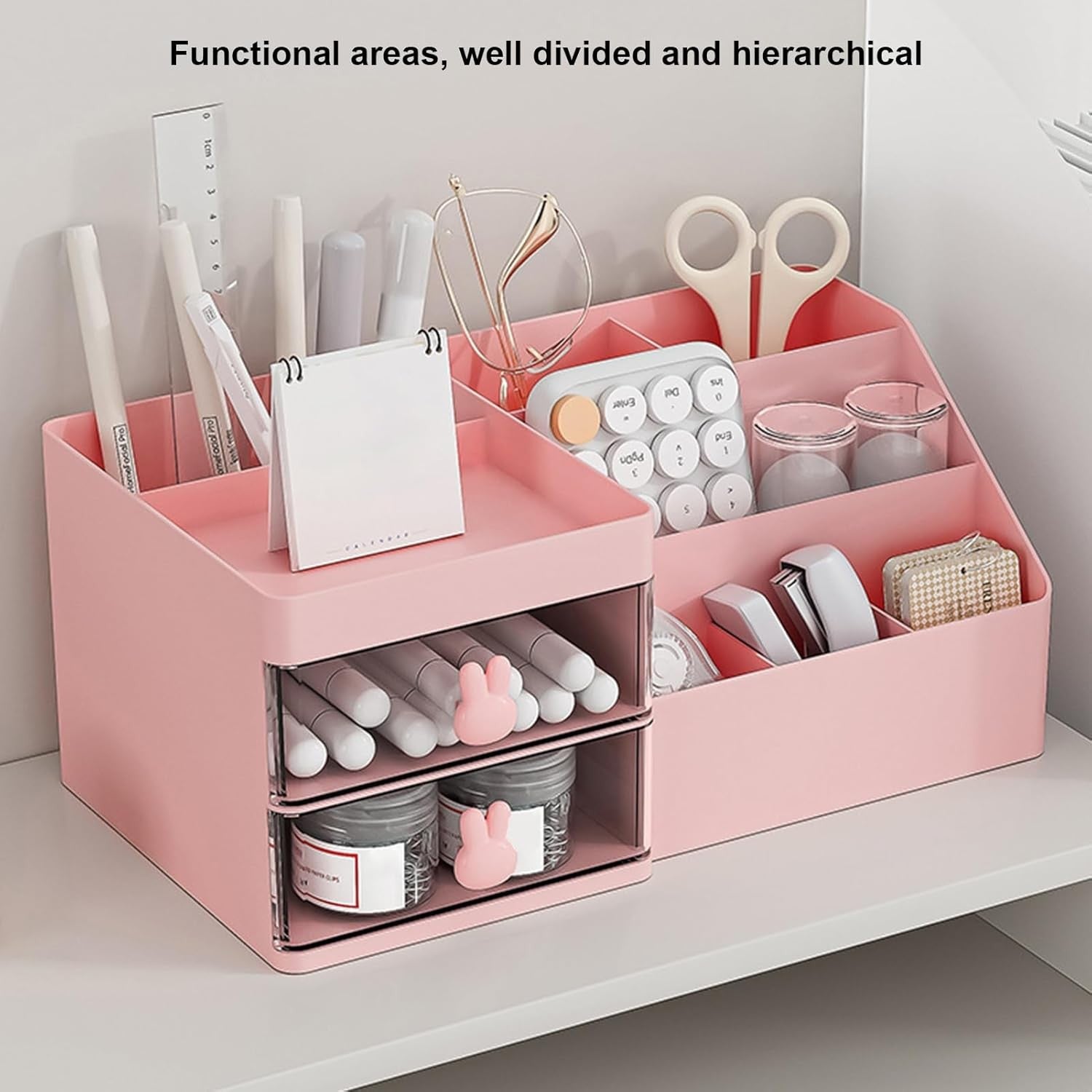 Cutie de Depozitare pentru Birou, Flippy, Pentru Makeup, Papetarie, Organizator Cosmetice, 2 Sertare si Compartimente Multiple, Model Iepuras, Plastic, 27.5x15.5x12 cm, Roz-2