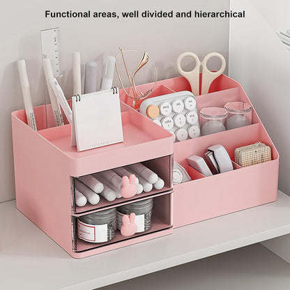 Cutie de Depozitare pentru Birou, Flippy, Pentru Makeup, Papetarie, Organizator Cosmetice, 2 Sertare si Compartimente Multiple, Model Iepuras, Plastic, 27.5x15.5x12 cm, Roz-2