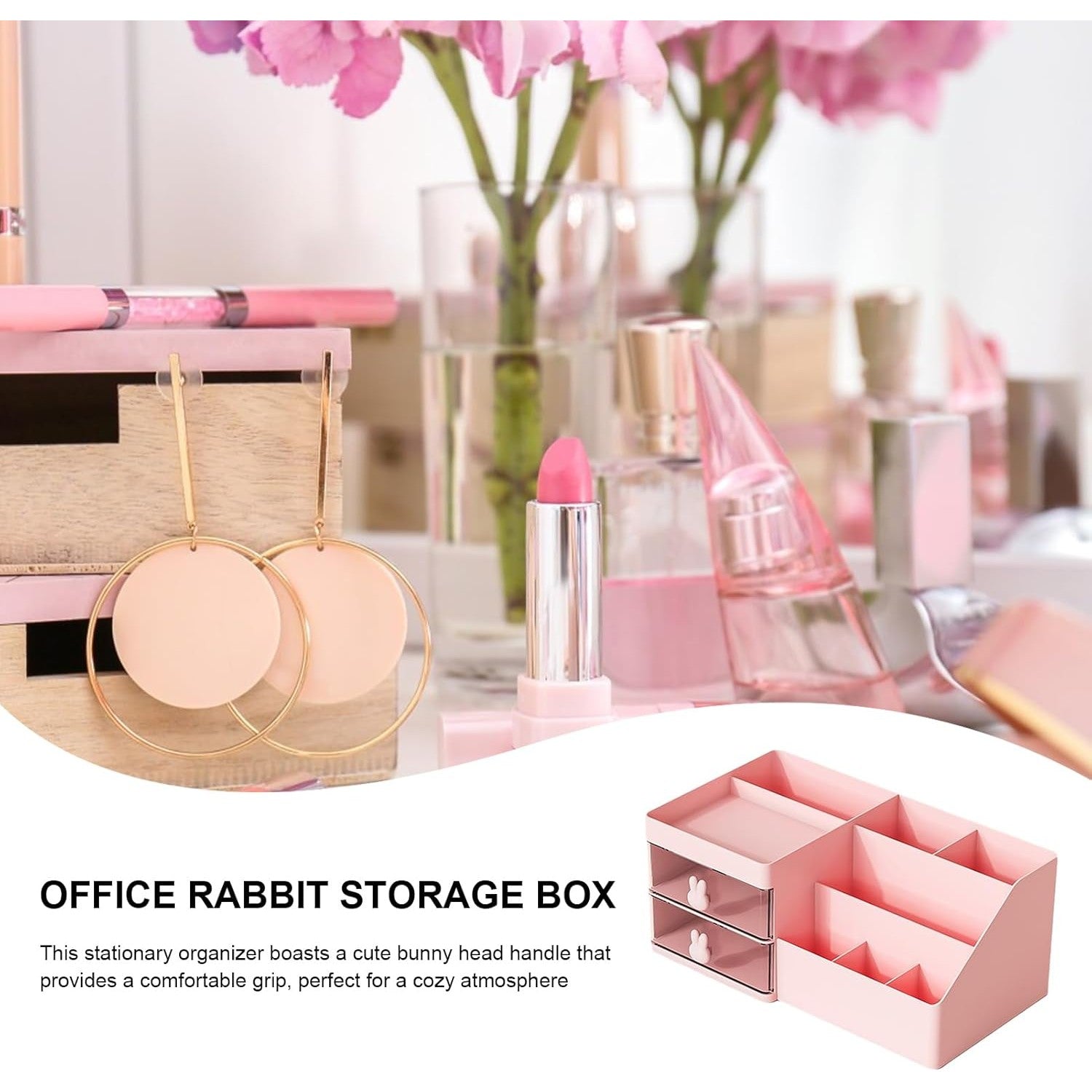 Cutie de Depozitare pentru Birou, Flippy, Pentru Makeup, Papetarie, Organizator Cosmetice, 2 Sertare si Compartimente Multiple, Model Iepuras, Plastic, 27.5x15.5x12 cm, Roz-3