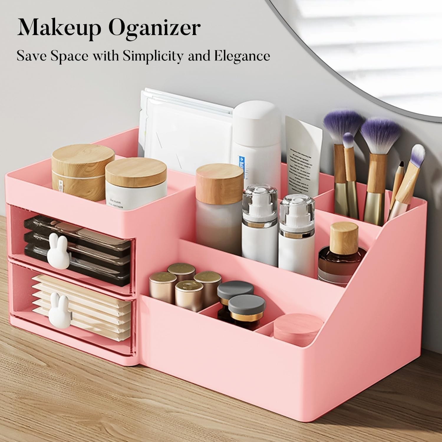 Cutie de Depozitare pentru Birou, Flippy, Pentru Makeup, Papetarie, Organizator Cosmetice, 2 Sertare si Compartimente Multiple, Model Iepuras, Plastic, 27.5x15.5x12 cm, Roz-6