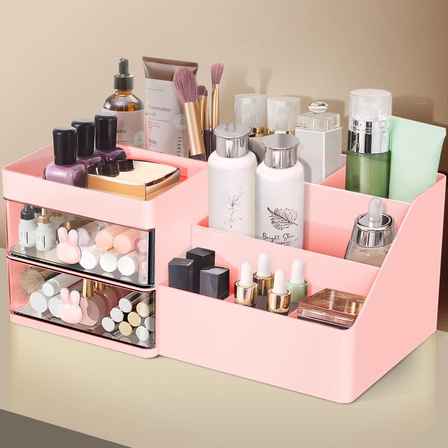 Cutie de Depozitare pentru Birou, Flippy, Pentru Makeup, Papetarie, Organizator Cosmetice, 2 Sertare si Compartimente Multiple, Model Iepuras, Plastic, 27.5x15.5x12 cm, Roz-9
