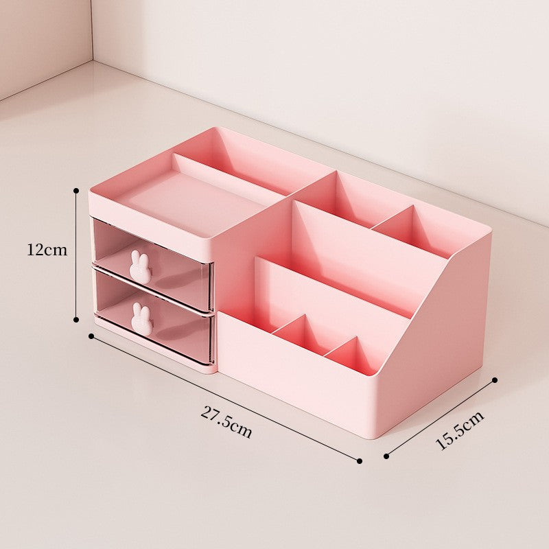 Cutie de Depozitare pentru Birou, Flippy, Pentru Makeup, Papetarie, Organizator Cosmetice, 2 Sertare si Compartimente Multiple, Model Iepuras, Plastic, 27.5x15.5x12 cm, Roz-10