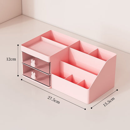 Cutie de Depozitare pentru Birou, Flippy, Pentru Makeup, Papetarie, Organizator Cosmetice, 2 Sertare si Compartimente Multiple, Model Iepuras, Plastic, 27.5x15.5x12 cm, Roz-10