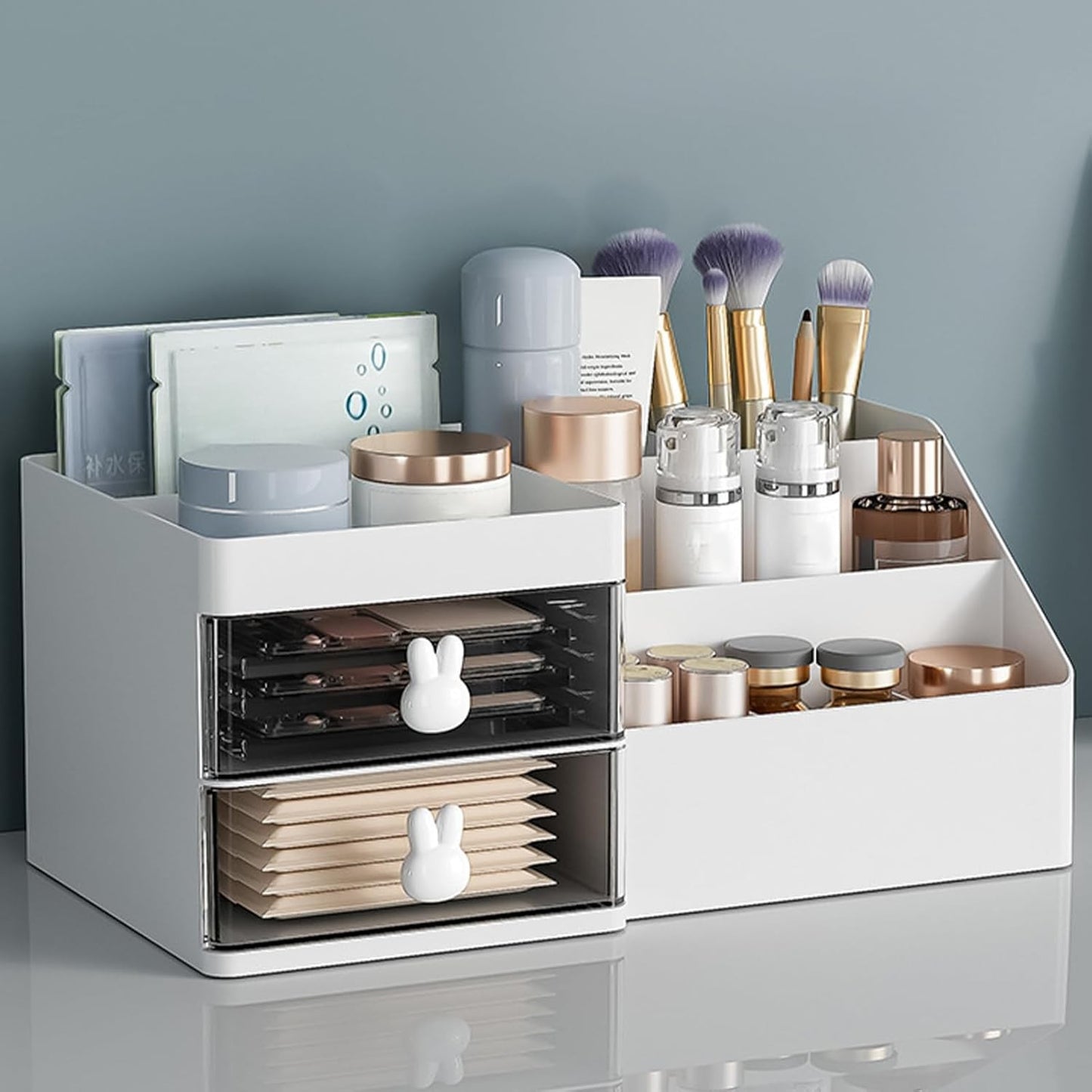 Cutie de Depozitare pentru Birou, Flippy, Pentru Makeup, Papetarie, Organizator Cosmetice, 2 Sertare si Compartimente Multiple, Model Iepuras, Plastic, 27.5x15.5x12 cm, Alb-3