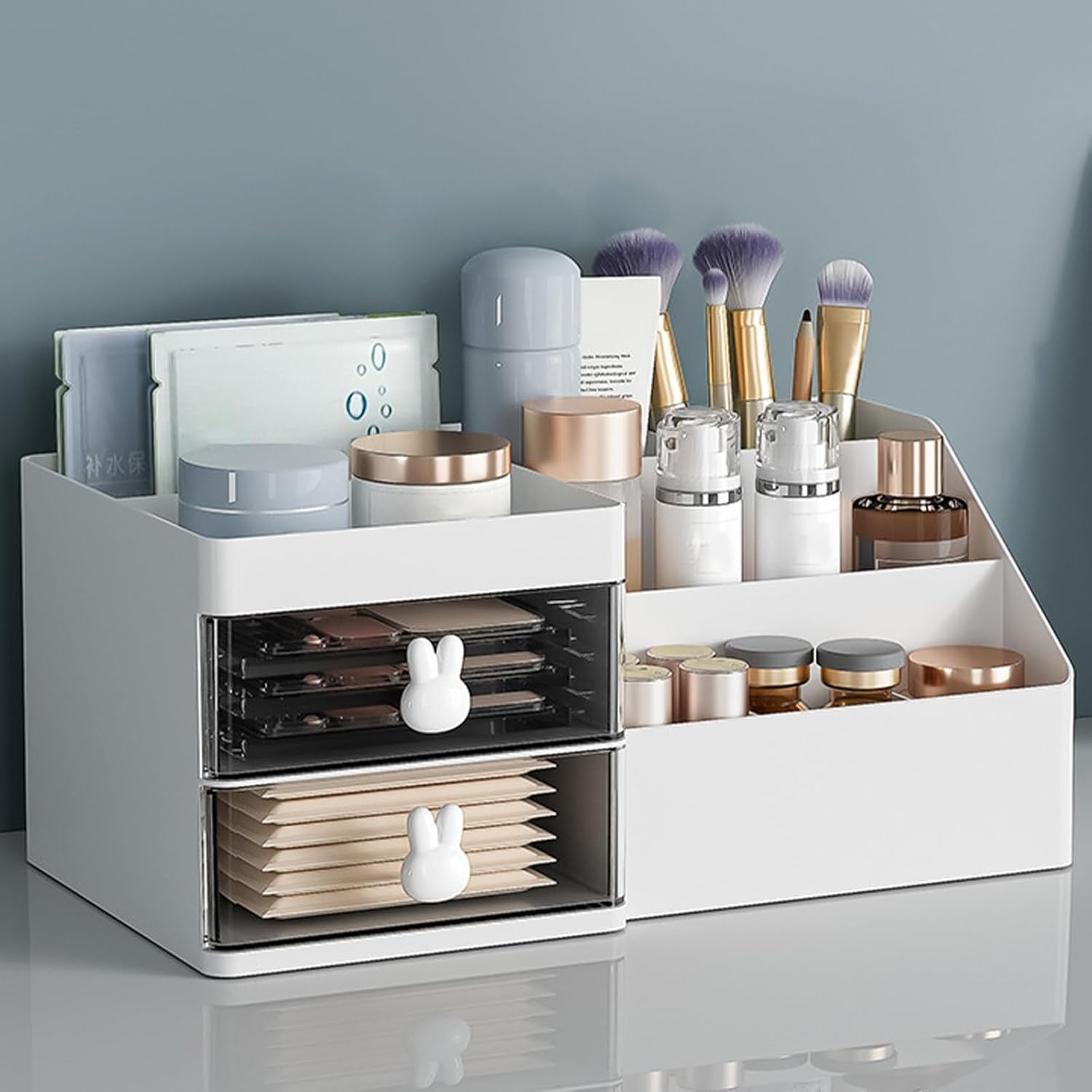 Cutie de Depozitare pentru Birou, Flippy, Pentru Makeup, Papetarie, Organizator Cosmetice, 2 Sertare si Compartimente Multiple, Model Iepuras, Plastic, 27.5x15.5x12 cm, Alb-3