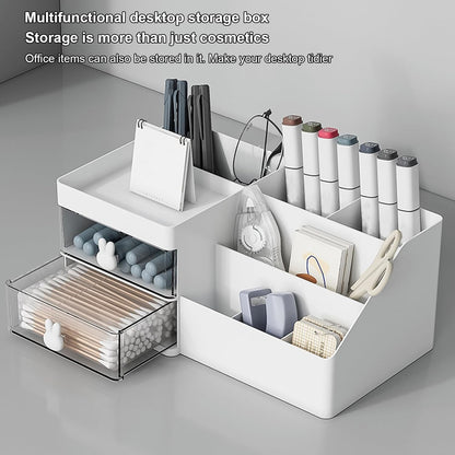 Cutie de Depozitare pentru Birou, Flippy, Pentru Makeup, Papetarie, Organizator Cosmetice, 2 Sertare si Compartimente Multiple, Model Iepuras, Plastic, 27.5x15.5x12 cm, Alb-4