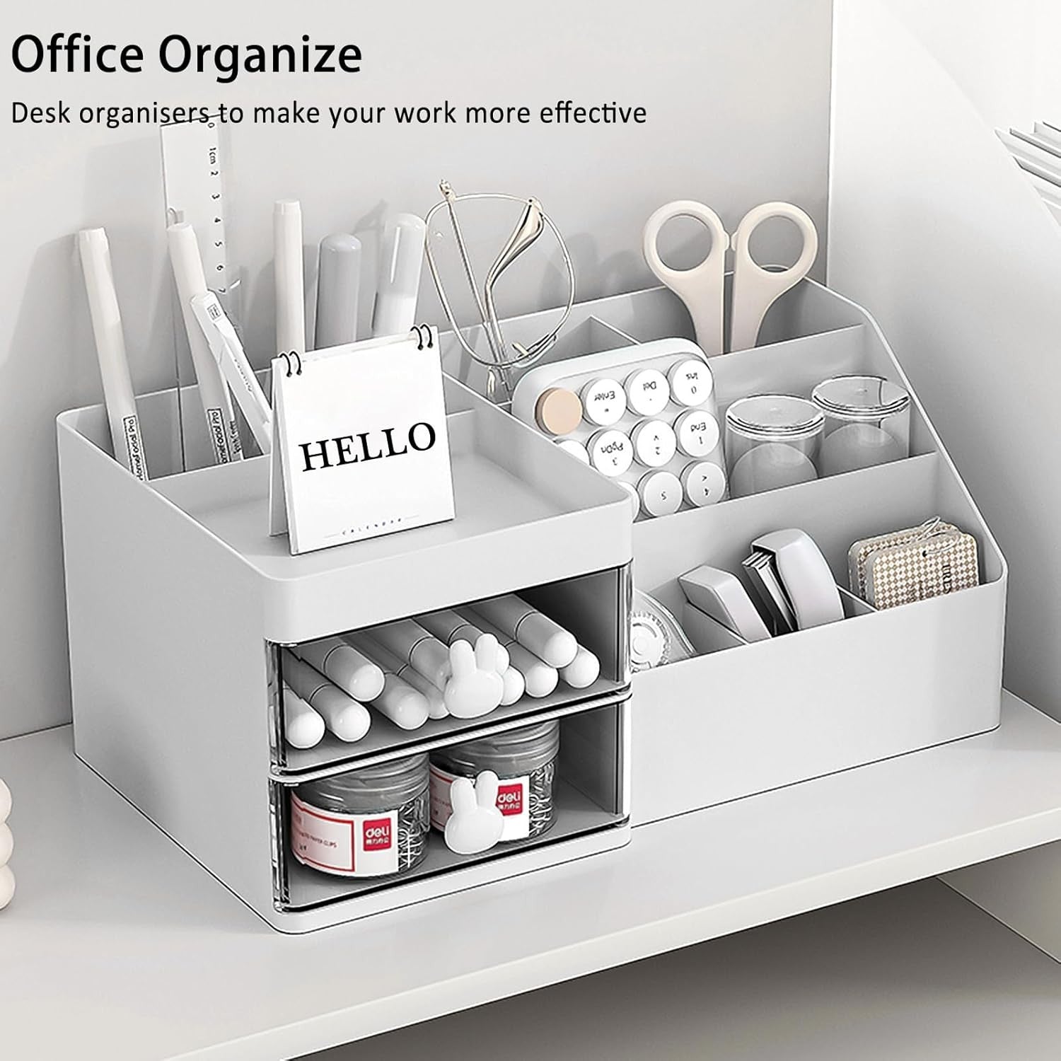 Cutie de Depozitare pentru Birou, Flippy, Pentru Makeup, Papetarie, Organizator Cosmetice, 2 Sertare si Compartimente Multiple, Model Iepuras, Plastic, 27.5x15.5x12 cm, Alb-6