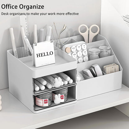 Cutie de Depozitare pentru Birou, Flippy, Pentru Makeup, Papetarie, Organizator Cosmetice, 2 Sertare si Compartimente Multiple, Model Iepuras, Plastic, 27.5x15.5x12 cm, Alb-6