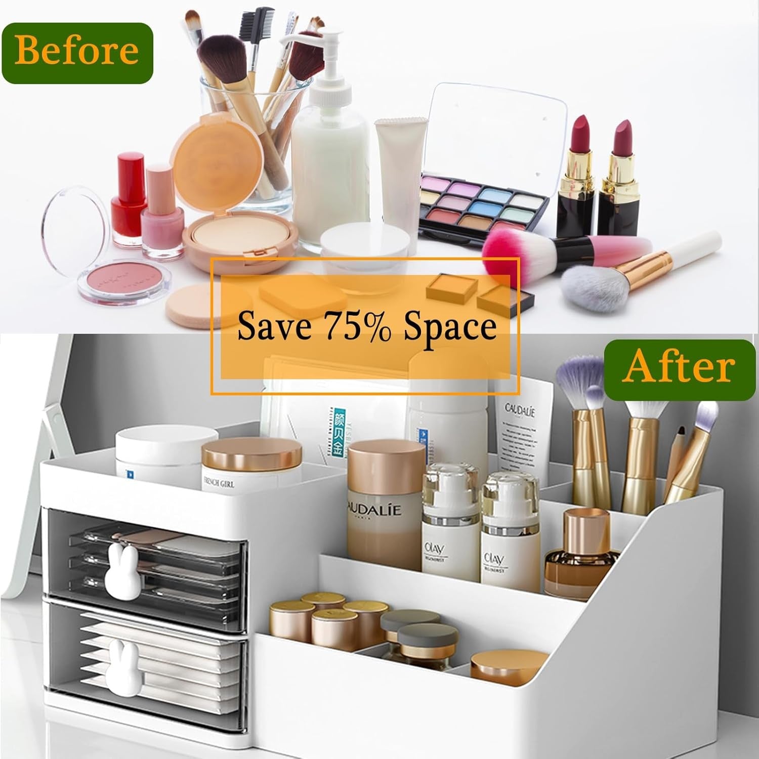 Cutie de Depozitare pentru Birou, Flippy, Pentru Makeup, Papetarie, Organizator Cosmetice, 2 Sertare si Compartimente Multiple, Model Iepuras, Plastic, 27.5x15.5x12 cm, Alb-8