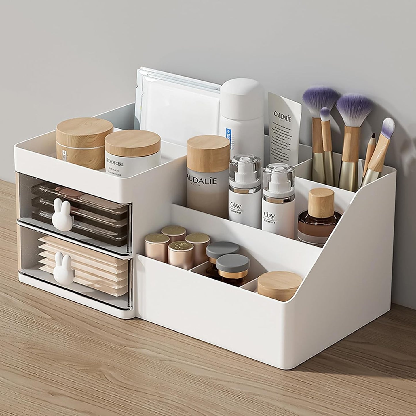 Cutie de Depozitare pentru Birou, Flippy, Pentru Makeup, Papetarie, Organizator Cosmetice, 2 Sertare si Compartimente Multiple, Model Iepuras, Plastic, 27.5x15.5x12 cm, Alb-9