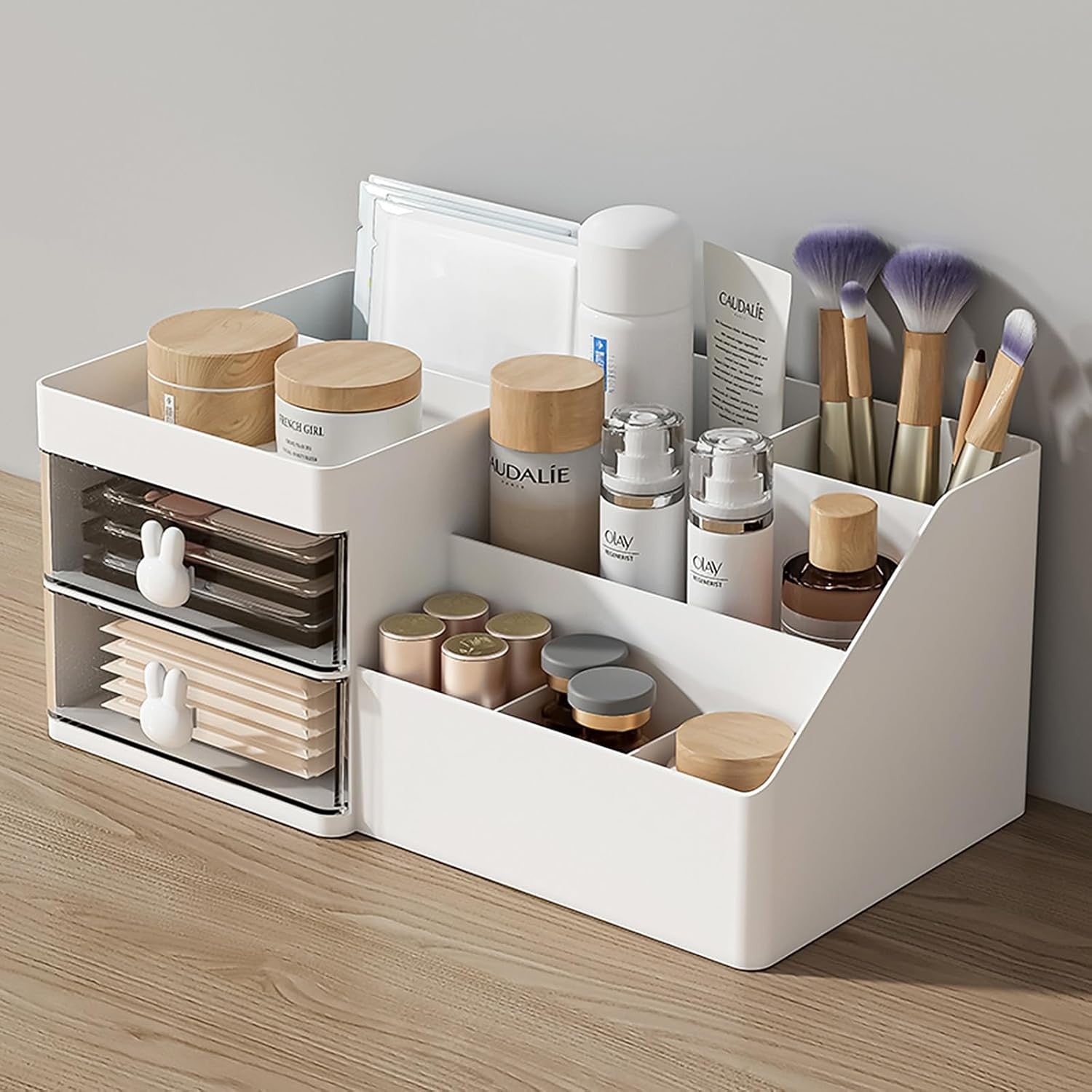 Cutie de Depozitare pentru Birou, Flippy, Pentru Makeup, Papetarie, Organizator Cosmetice, 2 Sertare si Compartimente Multiple, Model Iepuras, Plastic, 27.5x15.5x12 cm, Alb-9