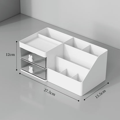 Cutie de Depozitare pentru Birou, Flippy, Pentru Makeup, Papetarie, Organizator Cosmetice, 2 Sertare si Compartimente Multiple, Model Iepuras, Plastic, 27.5x15.5x12 cm, Alb-10