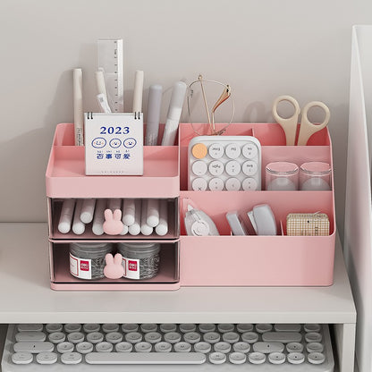Cutie de Depozitare pentru Birou, Flippy, Pentru Makeup, Papetarie, Organizator Cosmetice, 2 Sertare si Compartimente Multiple, Model Iepuras, Plastic, 27.5x15.5x12 cm, Roz-12