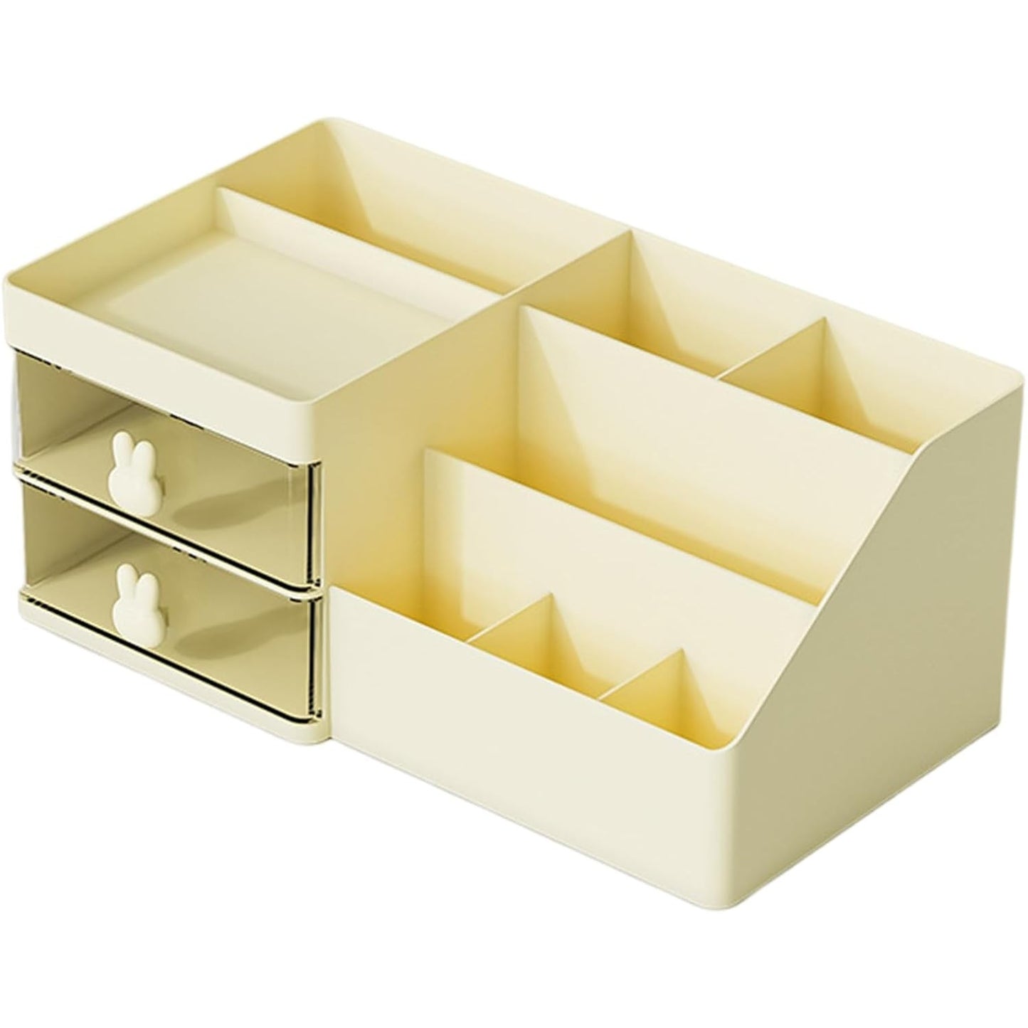 Cutie de Depozitare pentru Birou, Flippy, Pentru Makeup, Papetarie, Organizator Cosmetice, 2 Sertare si Compartimente Multiple, Model Iepuras, Plastic, 27.5x15.5x12 cm, Crem-0