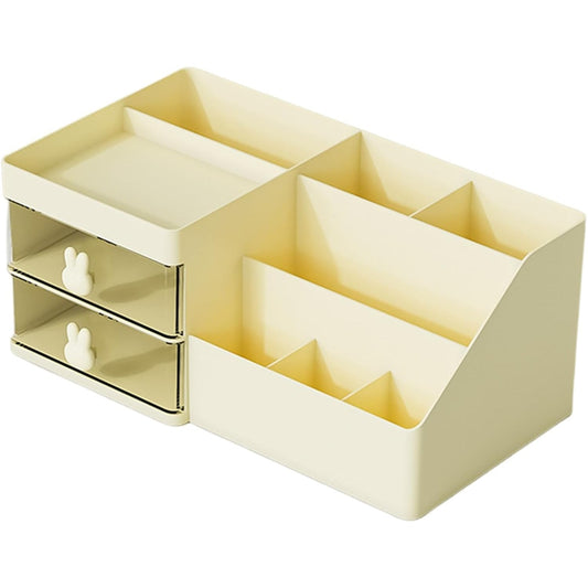 Cutie de Depozitare pentru Birou, Flippy, Pentru Makeup, Papetarie, Organizator Cosmetice, 2 Sertare si Compartimente Multiple, Model Iepuras, Plastic, 27.5x15.5x12 cm, Crem-0