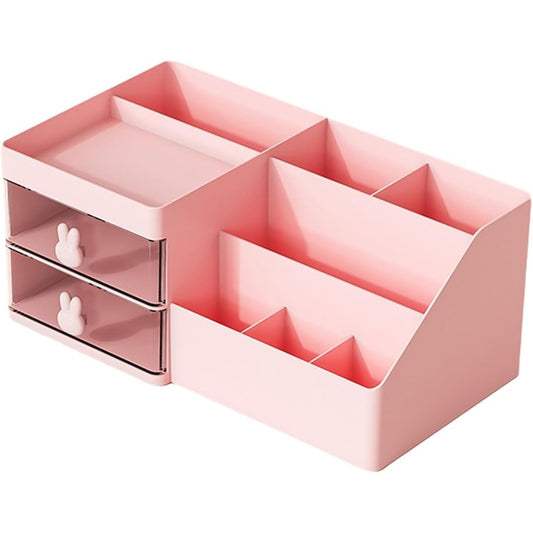 Cutie de Depozitare pentru Birou, Flippy, Pentru Makeup, Papetarie, Organizator Cosmetice, 2 Sertare si Compartimente Multiple, Model Iepuras, Plastic, 27.5x15.5x12 cm, Roz-0