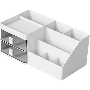 Cutie de Depozitare pentru Birou, Flippy, Pentru Makeup, Papetarie, Organizator Cosmetice, 2 Sertare si Compartimente Multiple, Model Iepuras, Plastic, 27.5x15.5x12 cm, Alb-0