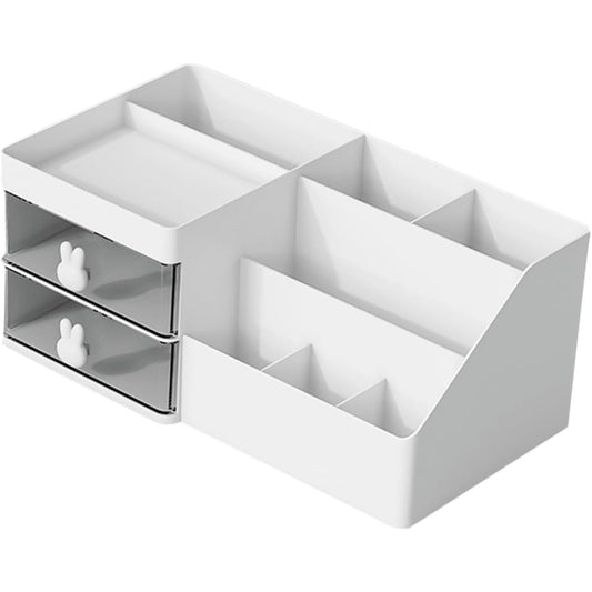 Cutie de Depozitare pentru Birou, Flippy, Pentru Makeup, Papetarie, Organizator Cosmetice, 2 Sertare si Compartimente Multiple, Model Iepuras, Plastic, 27.5x15.5x12 cm, Alb-0