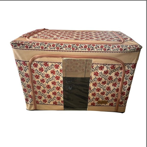 Cutie de Depozitare Pliabila, Flippy,100 L din Bumbac si In, 60X42X40 cm, Fereastra Frontala, 2 Usi de Acces cu Fermoar Bidirectional, Cadru Metalic, Suport Baza Stabil din Plastic, Motiv Traditonal Model 4-0