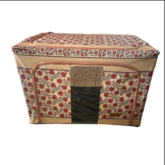 Cutie de Depozitare Pliabila, Flippy,100 L din Bumbac si In, 60X42X40 cm, Fereastra Frontala, 2 Usi de Acces cu Fermoar Bidirectional, Cadru Metalic, Suport Baza Stabil din Plastic, Motiv Traditonal Model 4-0