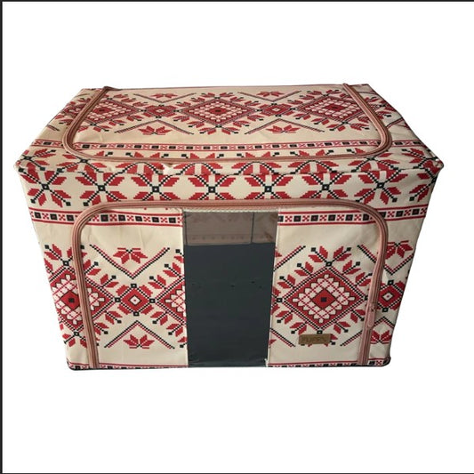 Cutie de Depozitare Pliabila, Flippy,100 L din Bumbac si In, 60X42X40 cm, Fereastra Frontala, 2 Usi de Acces cu Fermoar Bidirectional, Cadru Metalic, Suport Baza Stabil din Plastic, Motiv Traditonal Model 2-0