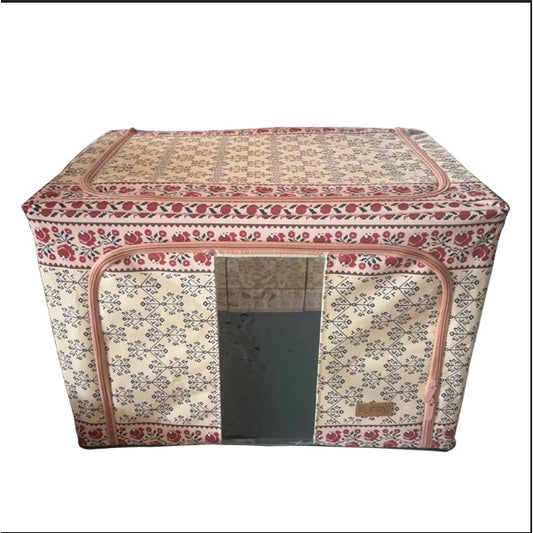 Cutie de Depozitare Pliabila, Flippy,100 L din Bumbac si In, 60X42X40 cm, Fereastra Frontala, 2 Usi de Acces cu Fermoar Bidirectional, Cadru Metalic, Suport Baza Stabil din Plastic, Motiv Traditonal Model 3-0