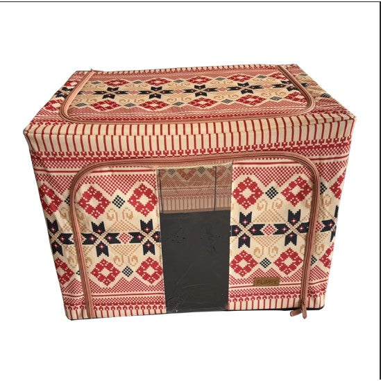 Cutie de Depozitare Pliabila, Flippy,100 L din Bumbac si In, 60X42X40 cm, Fereastra Frontala, 2 Usi de Acces cu Fermoar Bidirectional, Cadru Metalic, Suport Baza Stabil din Plastic, Motiv Traditonal Model 1-0